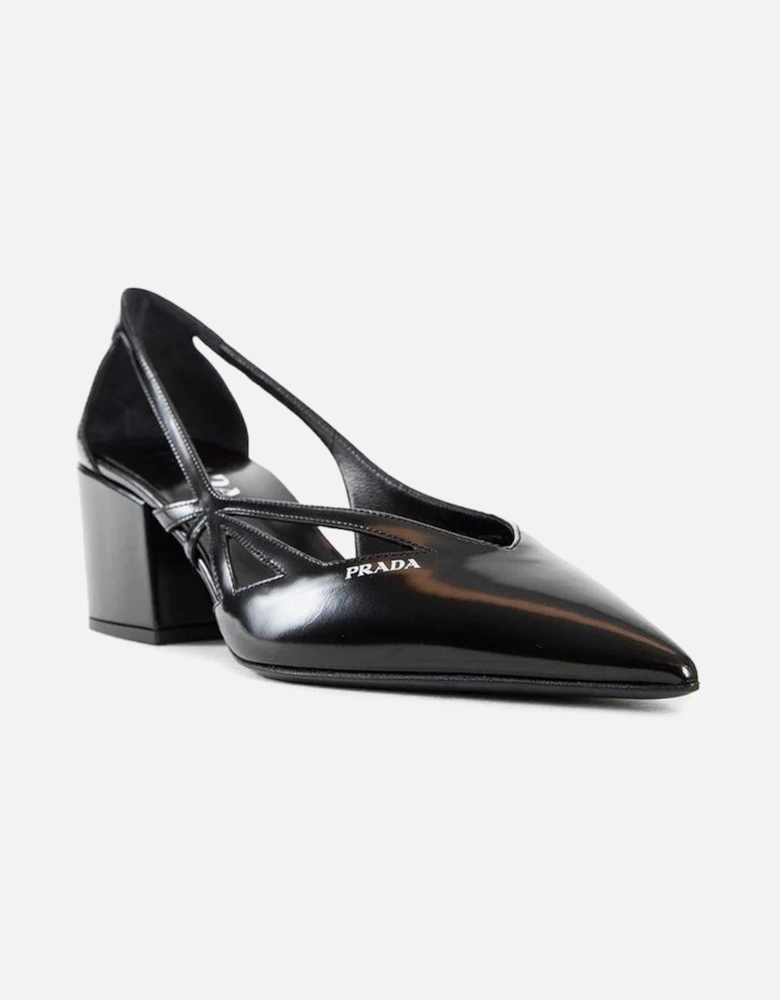 Cut-Out Pointed Toe Cuban Heel Leather Shoes Women - Black Pumps