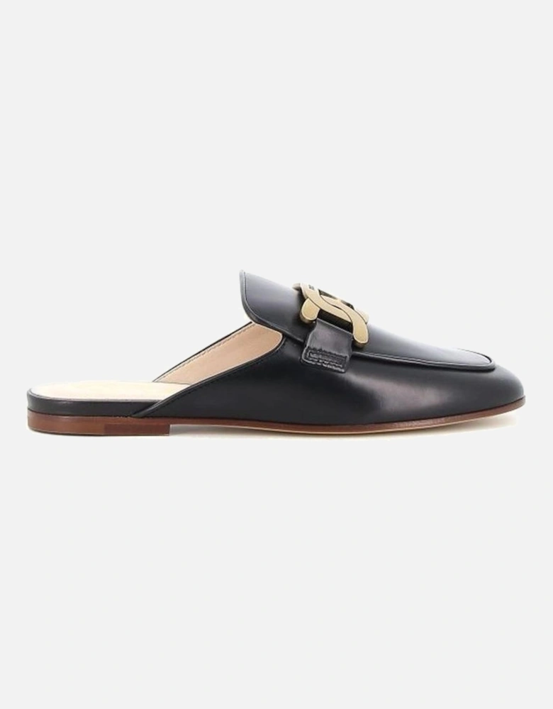 Almond Toe Calf Leather Mules with Gold Hardware Women - Black Shoes