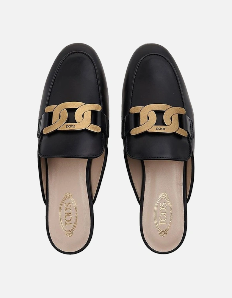 Almond Toe Calf Leather Mules with Gold Hardware Women - Black Shoes