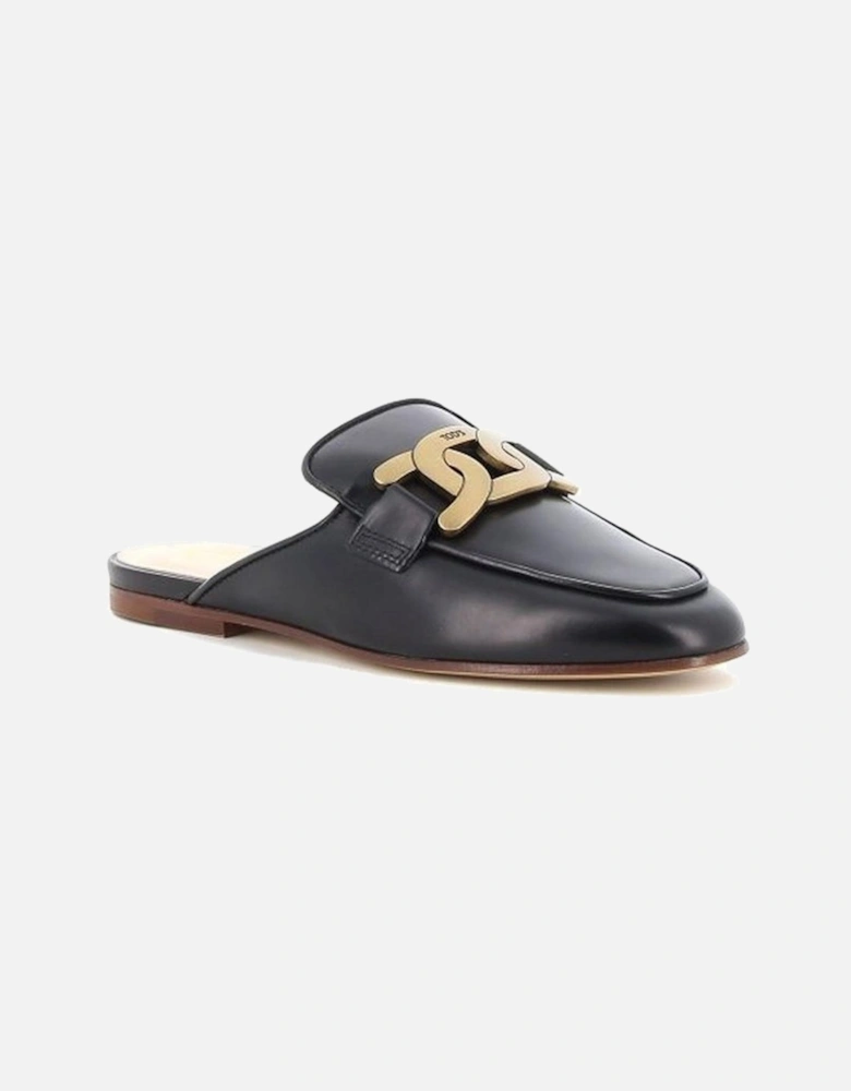Almond Toe Calf Leather Mules with Gold Hardware Women - Black Shoes