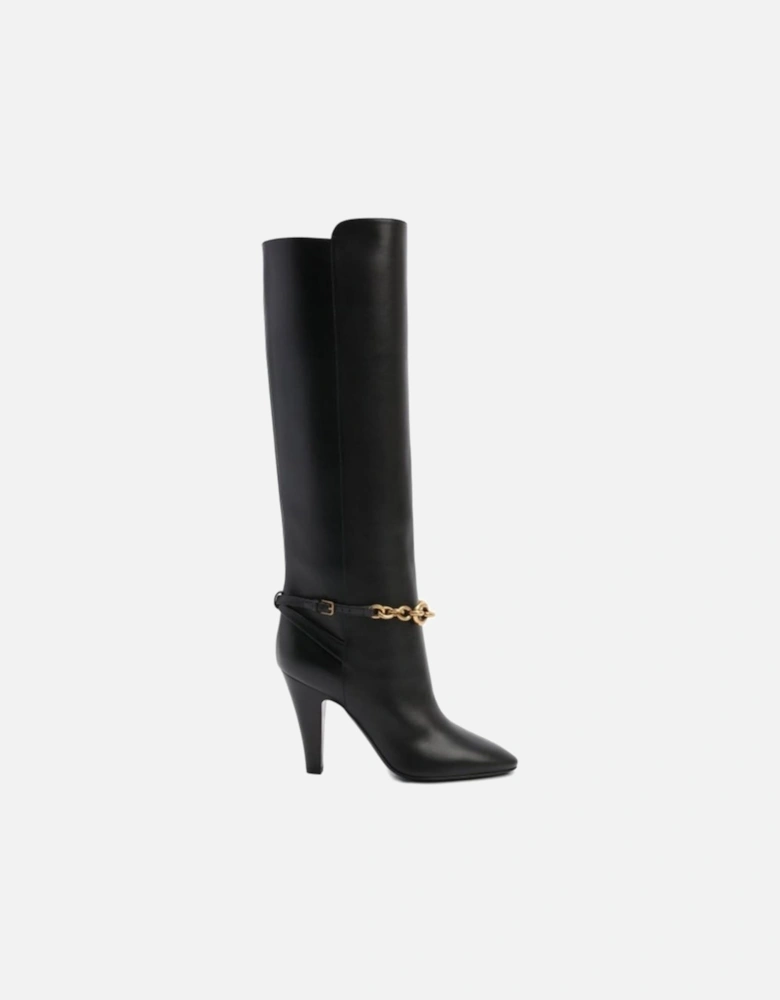 Pointed Toe Leather Heels with Gold Chain Women - Black Boots