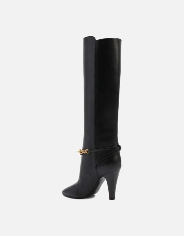 Pointed Toe Leather Heels with Gold Chain Women - Black Boots