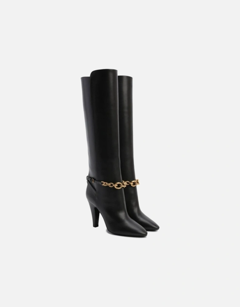 Pointed Toe Leather Heels with Gold Chain Women - Black Boots