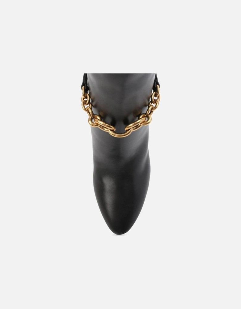 Pointed Toe Leather Heels with Gold Chain Women - Black Boots