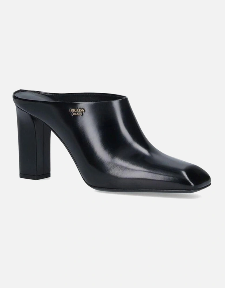 Square Toe Slip-On Leather Heel Women - Black Shoes