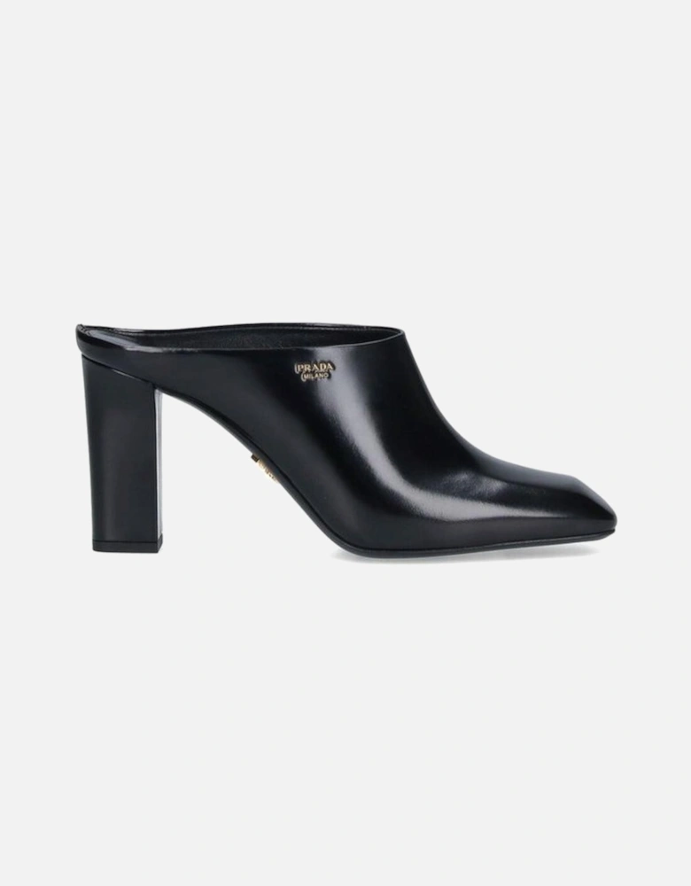 Square Toe Slip-On Leather Heel Women - Black Shoes