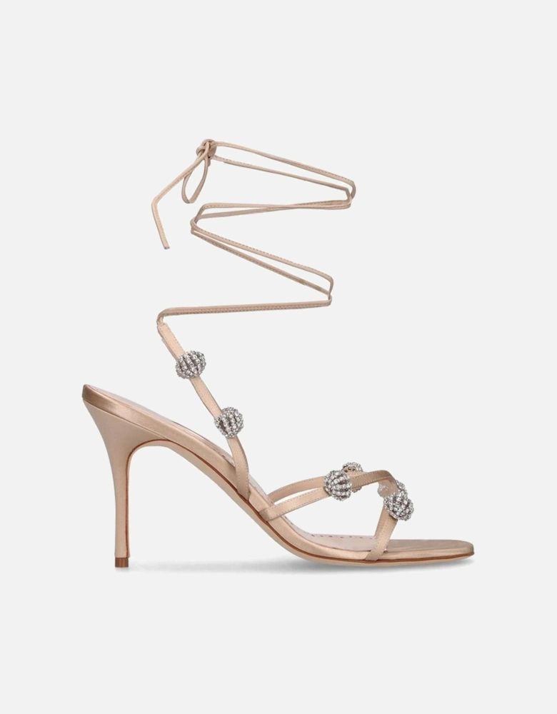 Silk Ankle Strap Heels with Crystal Embellishment Women - Beige