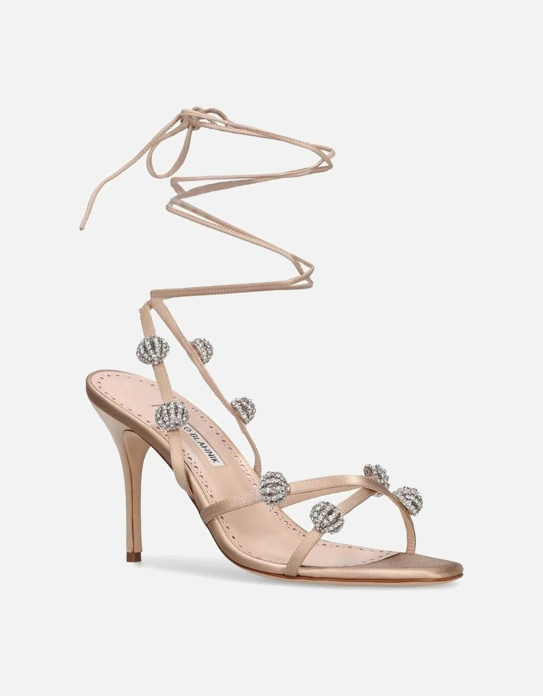 Silk Ankle Strap Heels with Crystal Embellishment Women - Beige