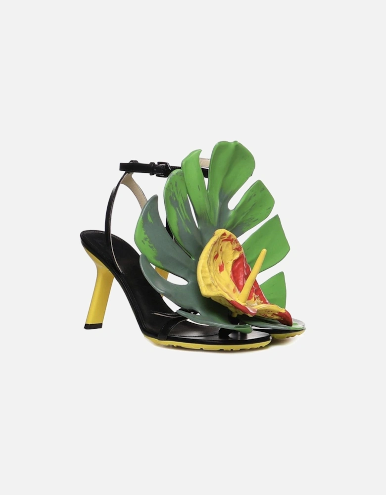 Leather Ankle Buckle Heels with Floral Accents Women - Black Sandals
