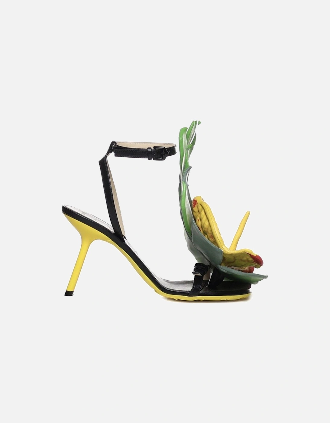 Leather Ankle Buckle Heels with Floral Accents Women - Black Sandals, 4 of 3