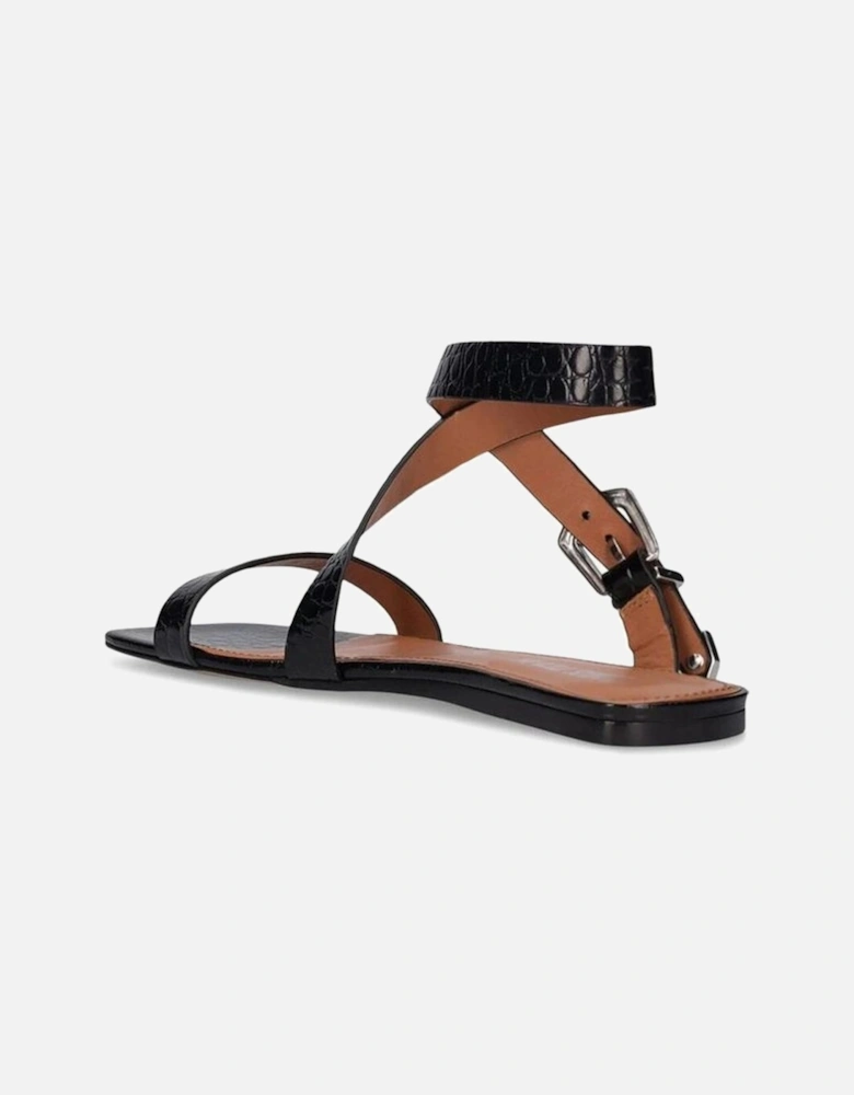 Embossed Croco Leather Buckled Ankle Strap Sandals Women - Black