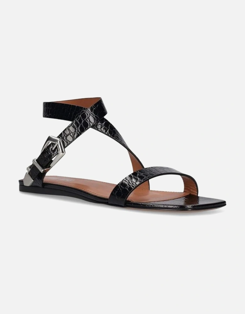 Embossed Croco Leather Buckled Ankle Strap Sandals Women - Black