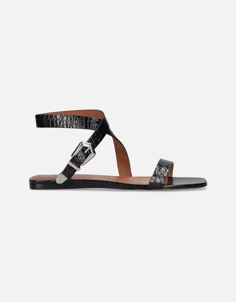 Embossed Croco Leather Buckled Ankle Strap Sandals Women - Black