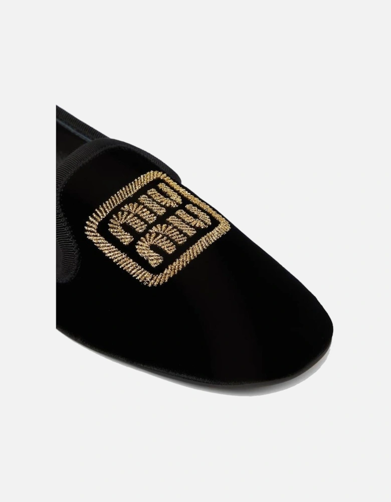 Velvet Effect Slip-On Shoes with Embroidered Logo Women - Black