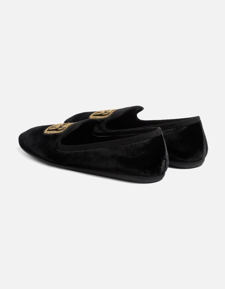Velvet Effect Slip-On Shoes with Embroidered Logo Women - Black