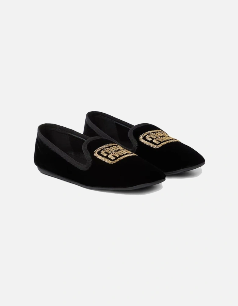 Velvet Effect Slip-On Shoes with Embroidered Logo Women - Black