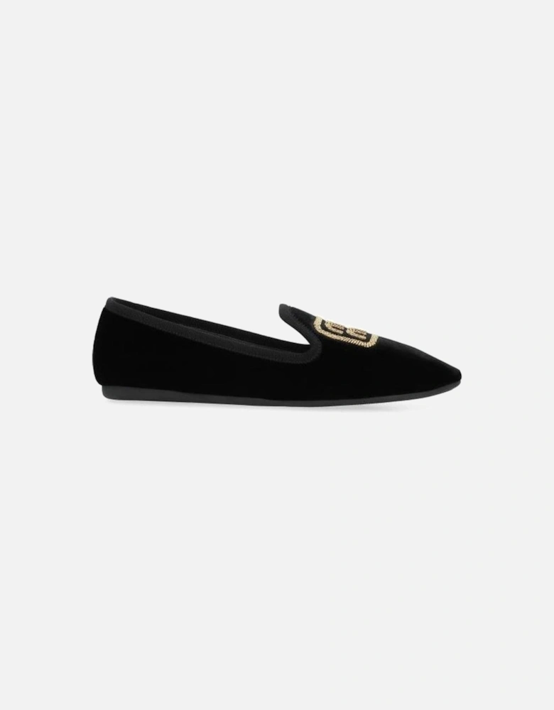 Velvet Effect Slip-On Shoes with Embroidered Logo Women - Black