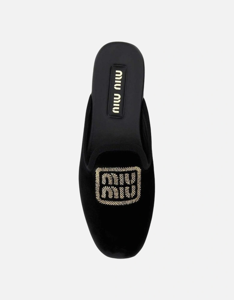 Embroidered Velvet Effect Leather Mules Women - Black Shoes