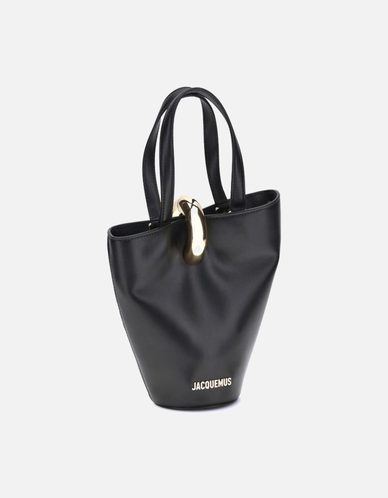 Asymmetrical Smooth Leather Bucket Bag with Gold Ring Women - Black