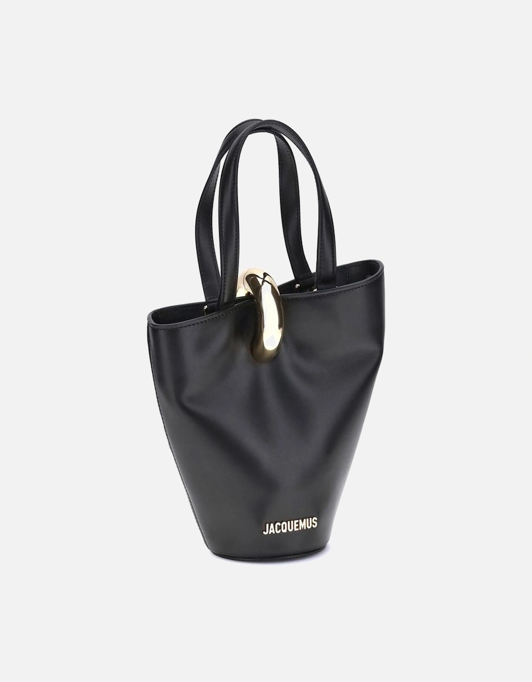 Asymmetrical Smooth Leather Bucket Bag with Gold Ring Women - Black