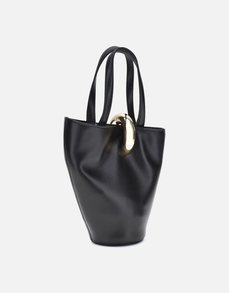 Asymmetrical Smooth Leather Bucket Bag with Gold Ring Women - Black