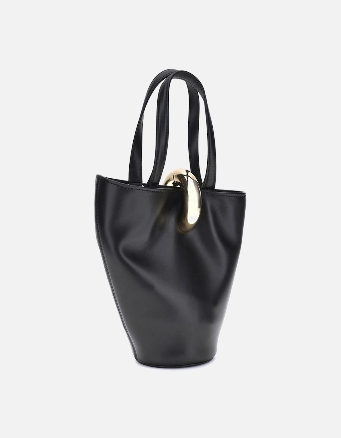 Asymmetrical Smooth Leather Bucket Bag with Gold Ring Women - Black