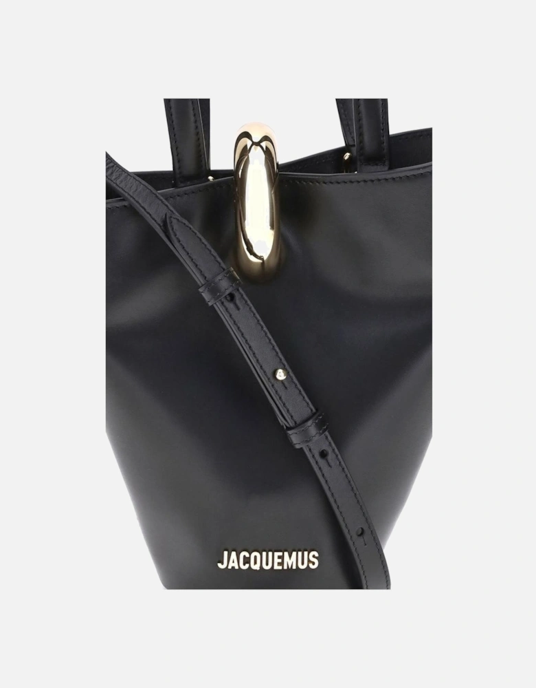 Asymmetrical Smooth Leather Bucket Bag with Gold Ring Women - Black