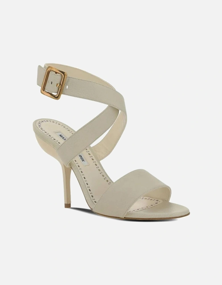 Textured Leather Heeled Sandals with Ankle Buckle Women - White
