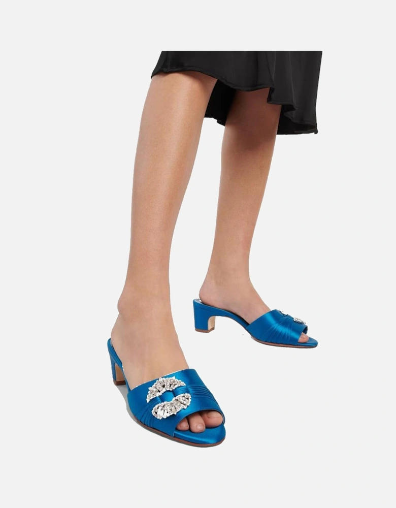 Silk Slip-On Heels with Crystal Buckle Women - Blue Shoes