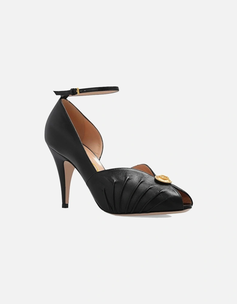 Leather Open Toe Heeled Sandals with Gold Buckle Women - Black Pumps