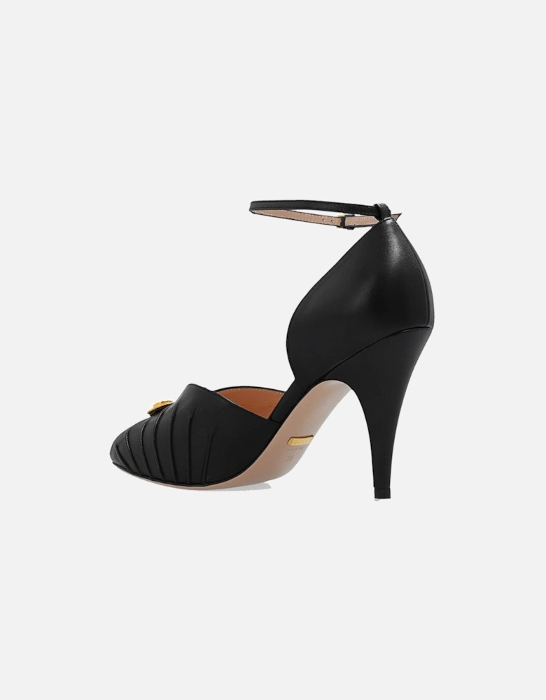 Leather Open Toe Heeled Sandals with Gold Buckle Women - Black Pumps