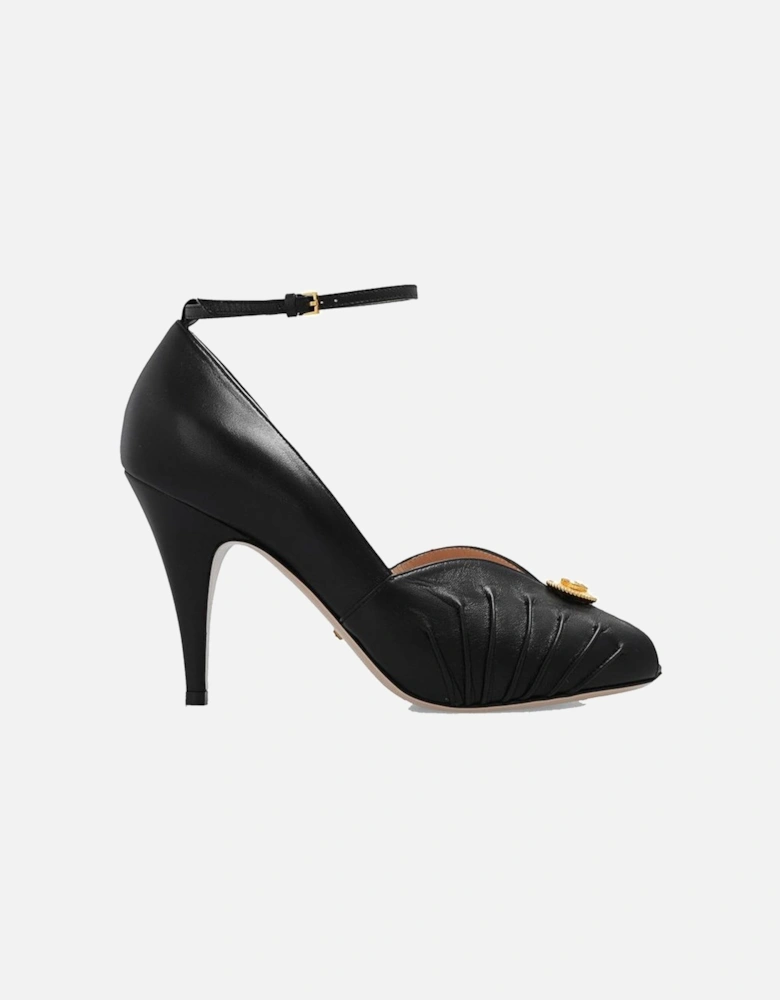 Leather Open Toe Heeled Sandals with Gold Buckle Women - Black Pumps
