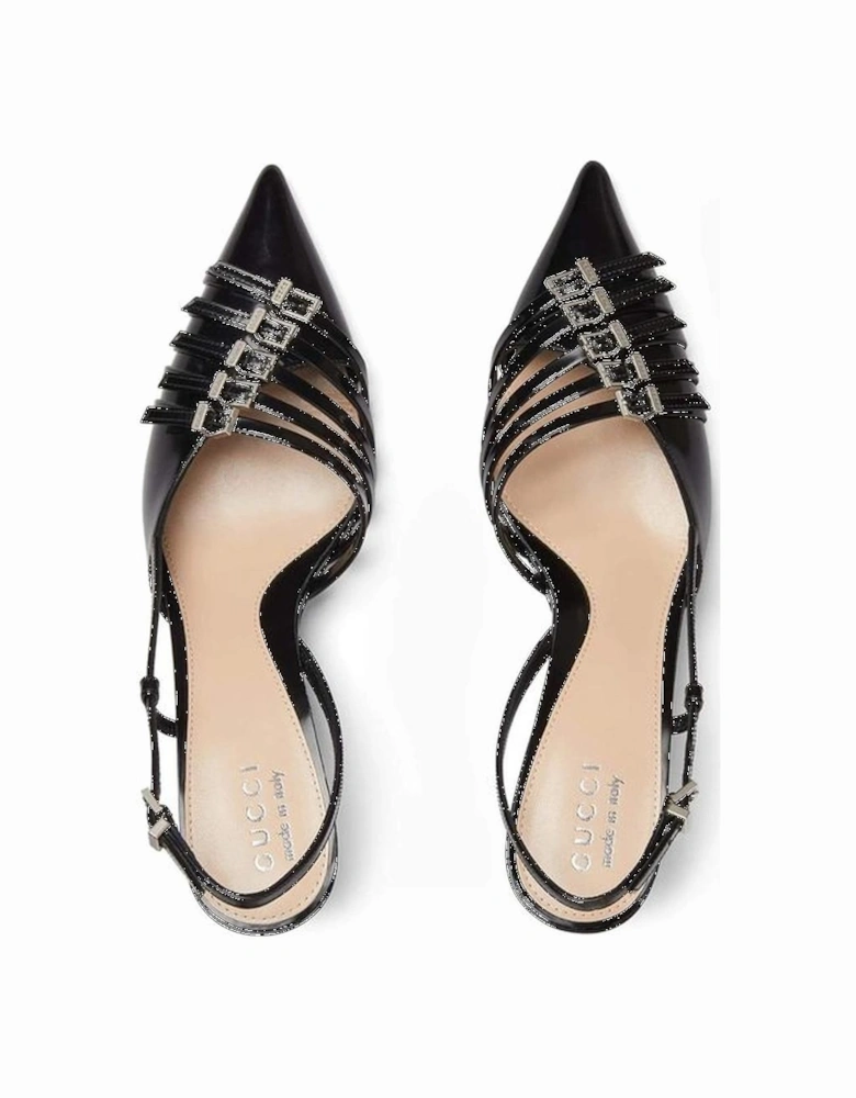 Pointed Toe Leather Mid-Heel Shoes with Buckles Women - Black Pumps