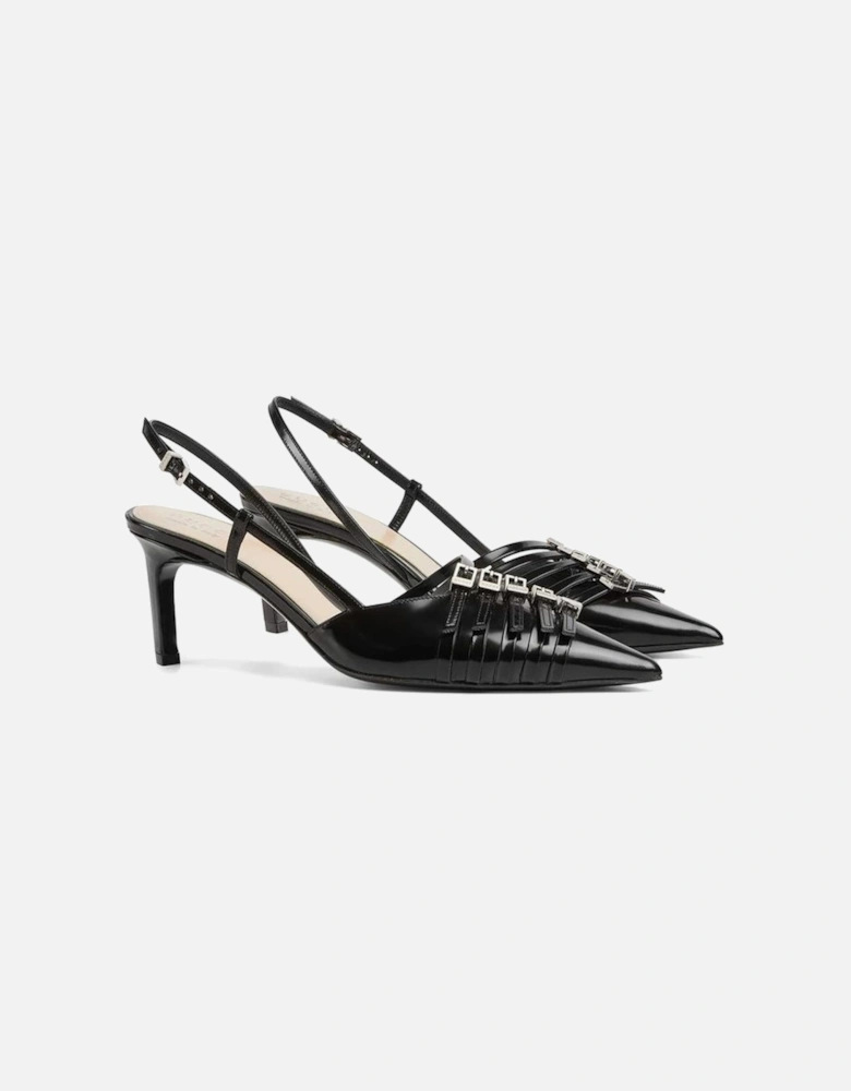 Pointed Toe Leather Mid-Heel Shoes with Buckles Women - Black Pumps