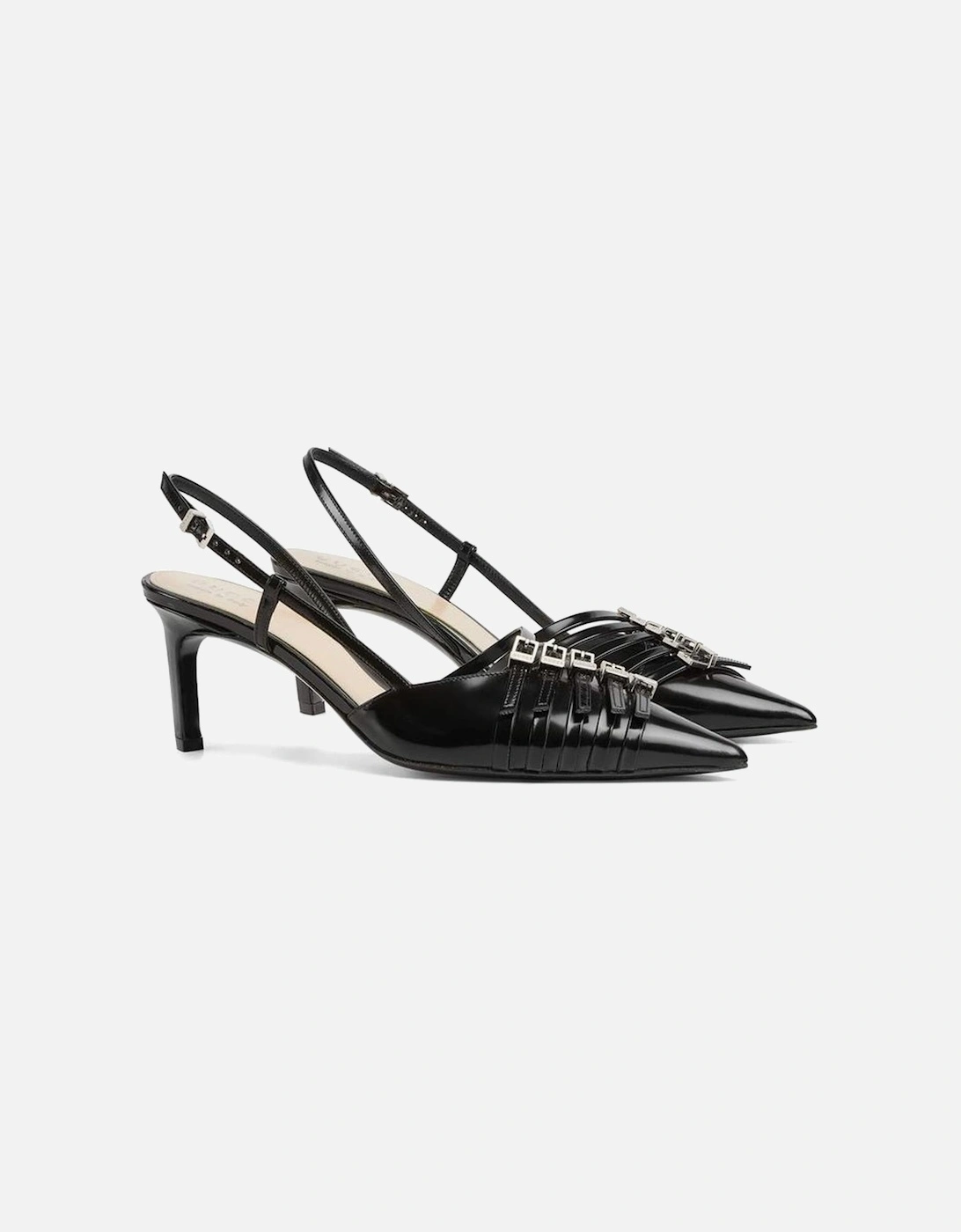 Pointed Toe Leather Mid-Heel Shoes with Buckles Women - Black Pumps