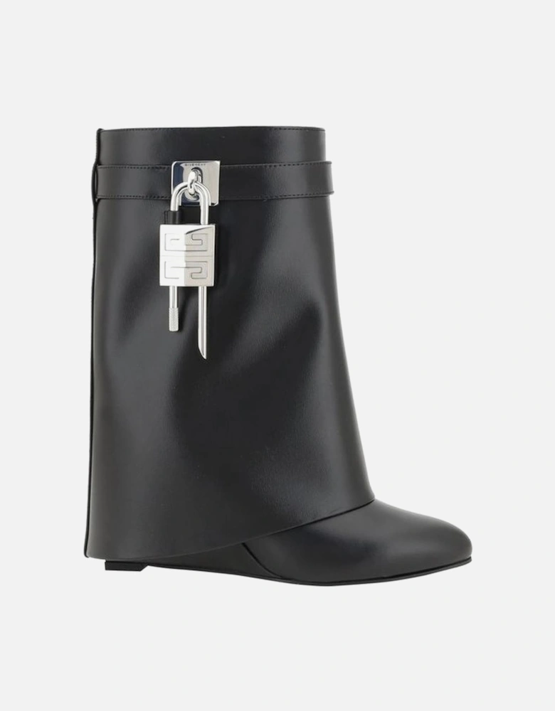 Leather Shark Lock Ankle Boots with Wedge Heel Women - Black