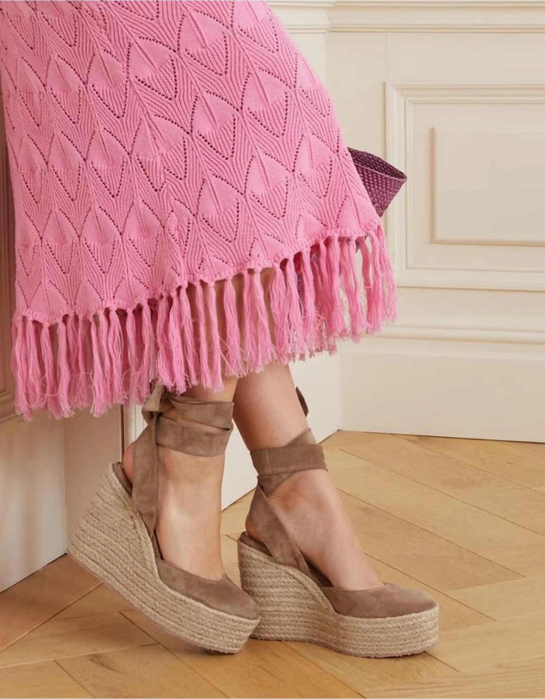 Suede Effect Jute Wedge Ankle Tie Sandals Women - Beige Shoes
