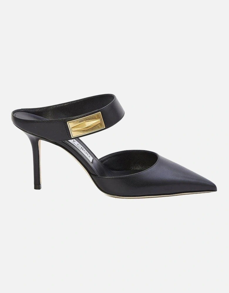 Pointed Toe Leather Mules with Gold Logo Plaque Women - Black Shoes