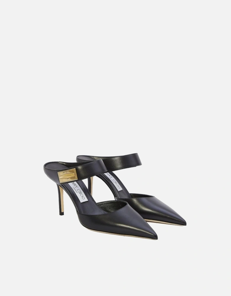 Pointed Toe Leather Mules with Gold Logo Plaque Women - Black Shoes