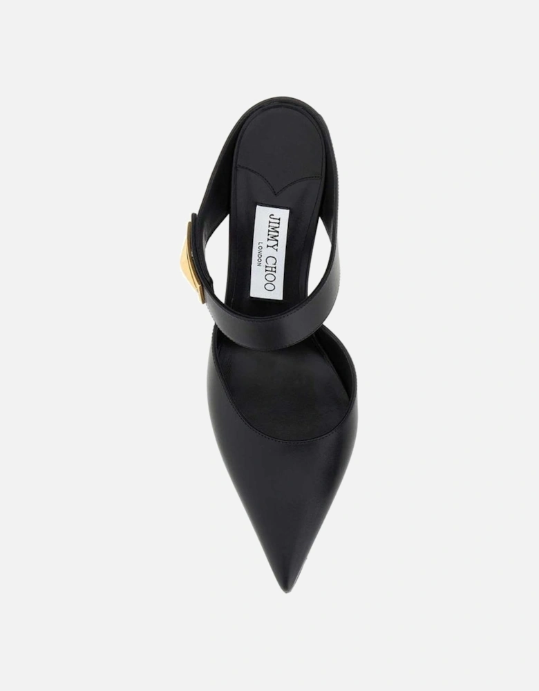 Pointed Toe Leather Mules with Gold Logo Plaque Women - Black Shoes