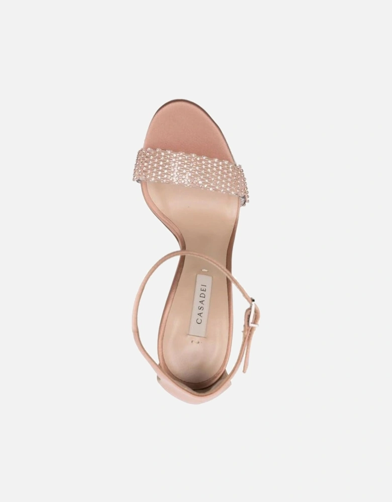 Silk Ankle Strap Heels with Rhinestones Women - Beige Sandals