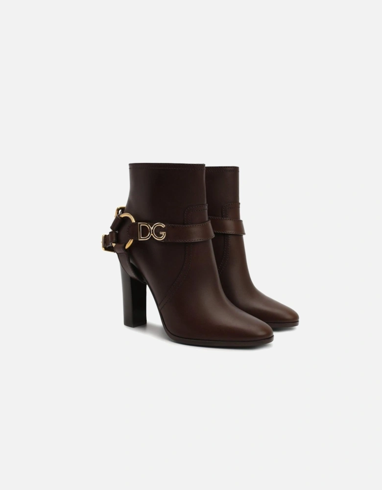 Detachable Tag Leather Heeled Boots Women - Brown