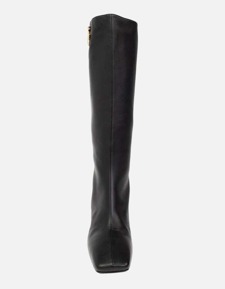 Square Toe Leather Slip-On Heels with Gold Hardware Women - Black