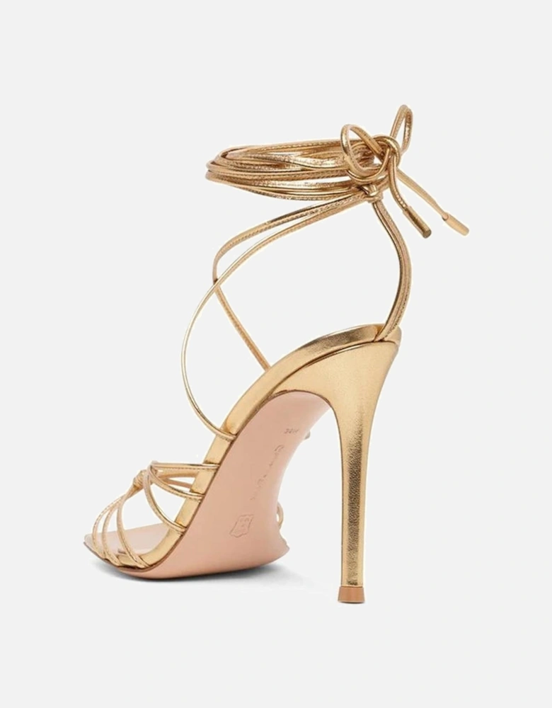 Calf Leather Ankle Wrap Heeled Sandals Women - Gold