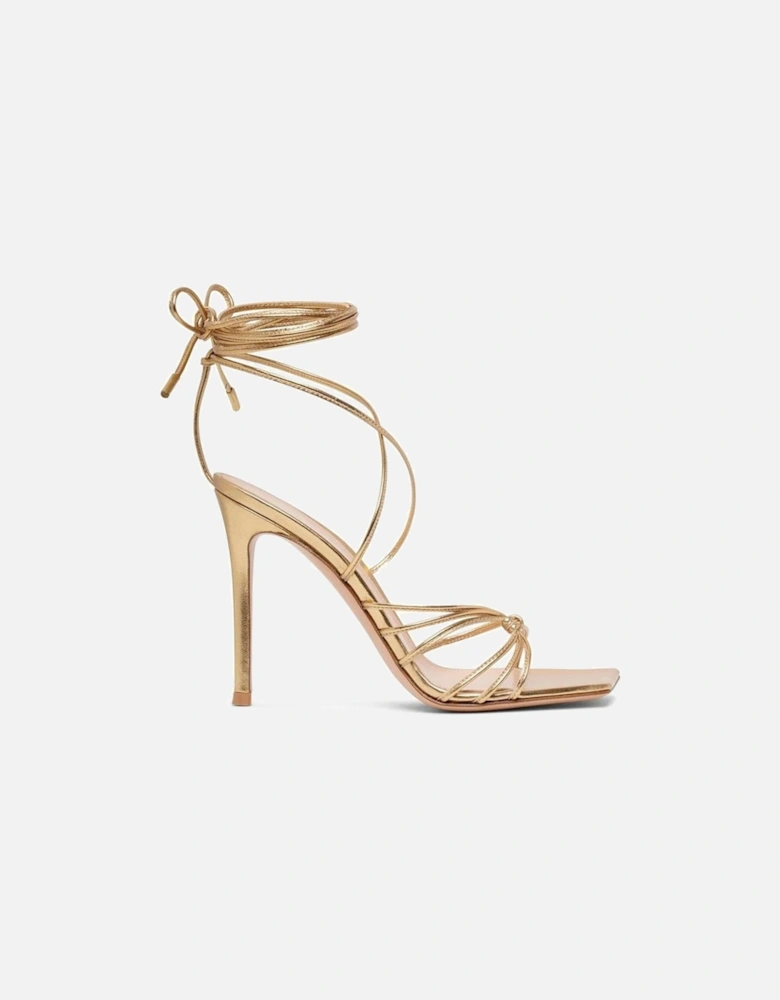 Calf Leather Ankle Wrap Heeled Sandals Women - Gold
