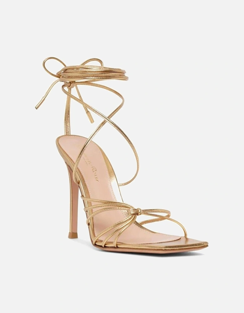 Calf Leather Ankle Wrap Heeled Sandals Women - Gold