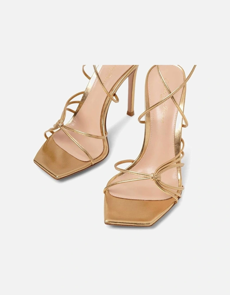 Calf Leather Ankle Wrap Heeled Sandals Women - Gold