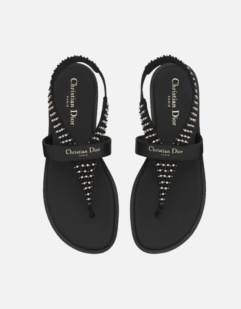Round Toe Leather Shoes with Resin Pearl Details Women - Black Sandals