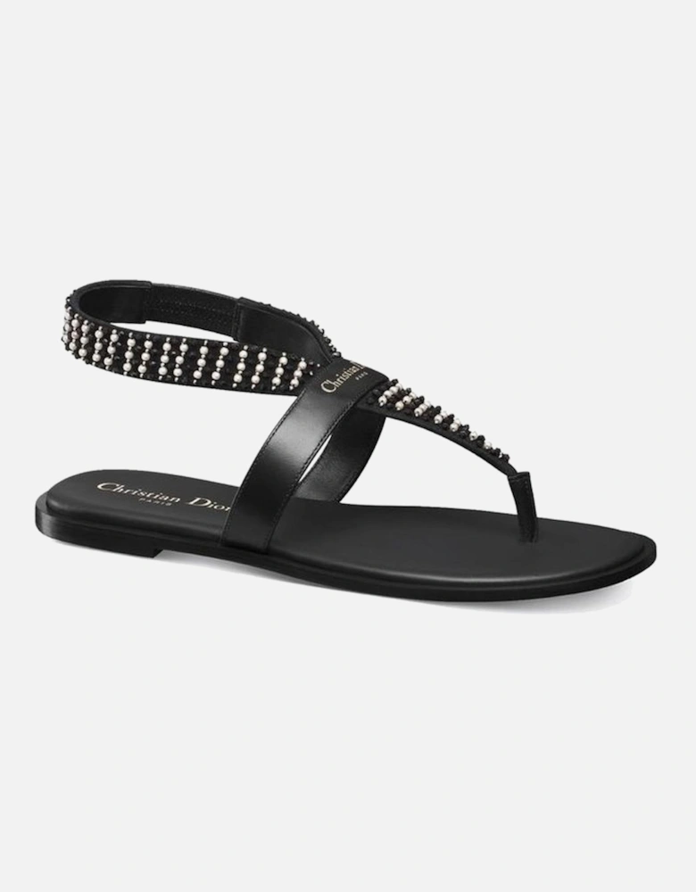 Round Toe Leather Shoes with Resin Pearl Details Women - Black Sandals