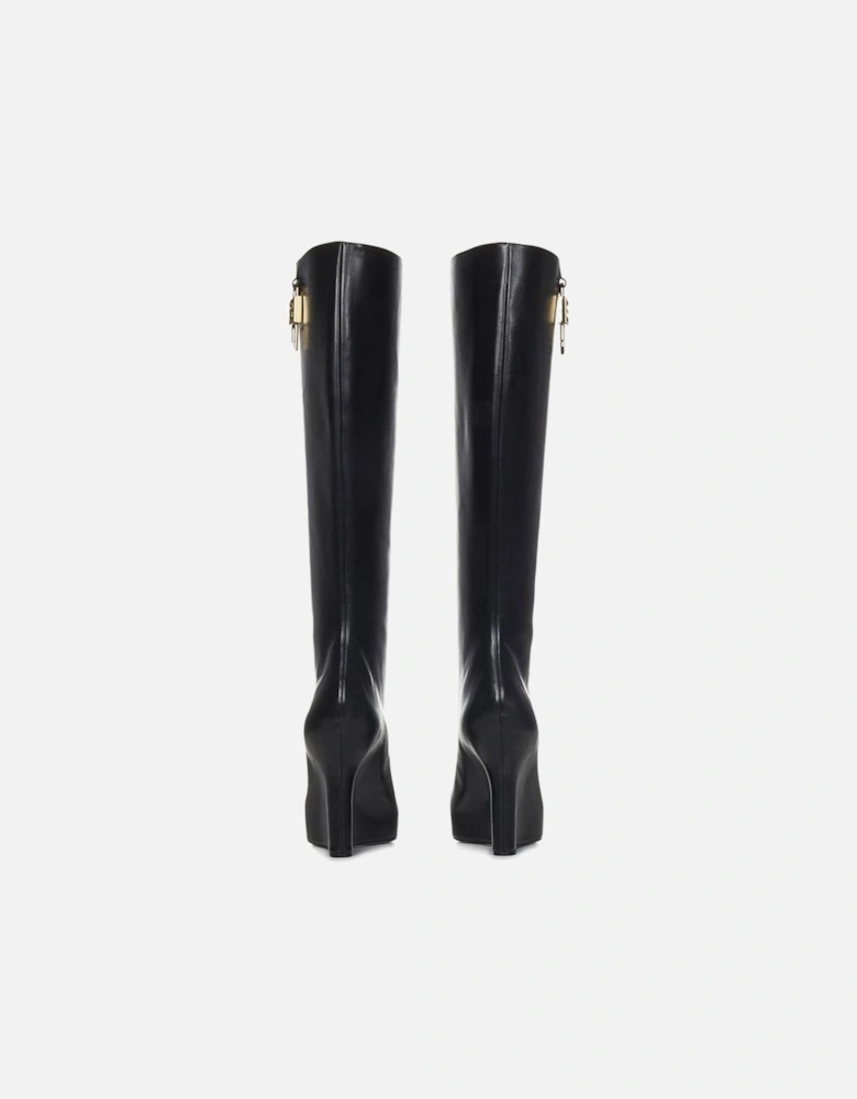 Gold-tone Lock Pointed Toe Leather Slip Ons Women - Black Boots